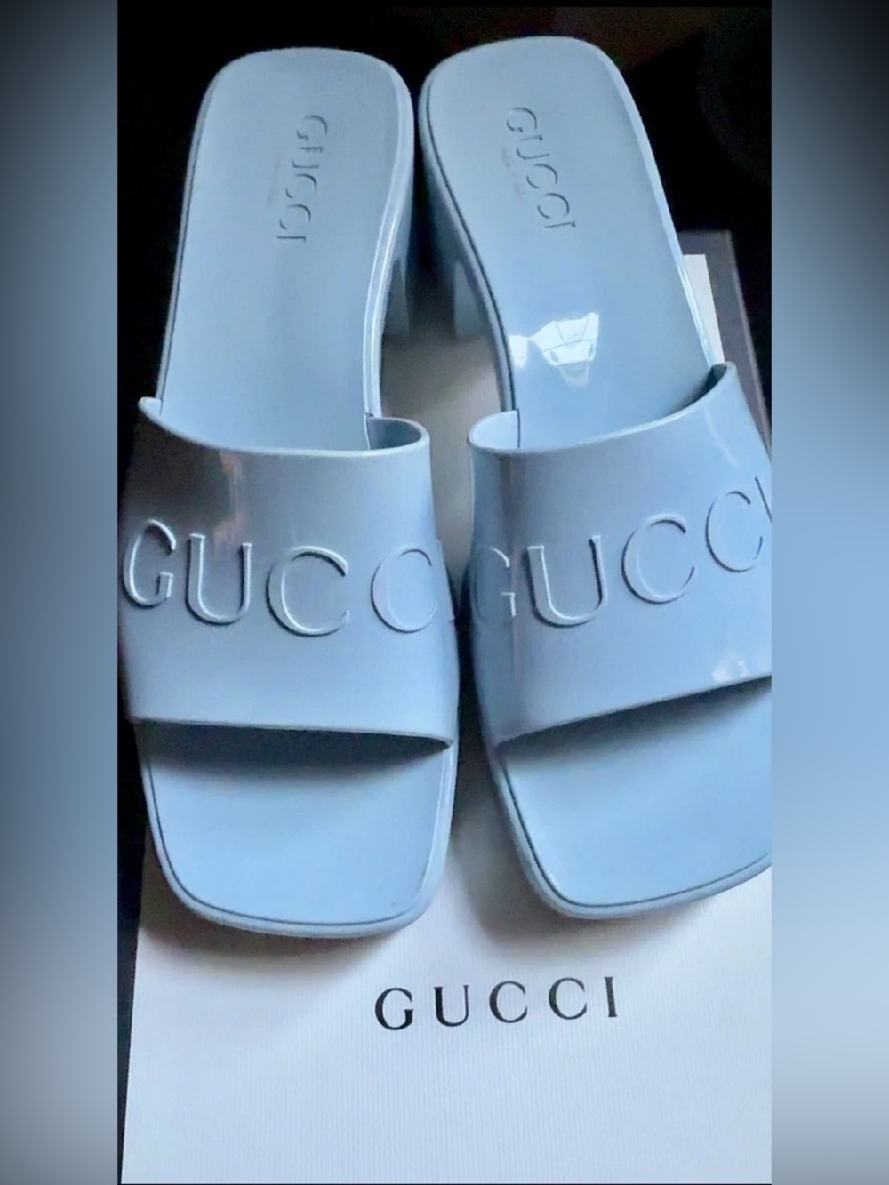 Gucci Rubber Slide Sandals Block Heel Light Blue Embossed Logo Mules NIB Size 9